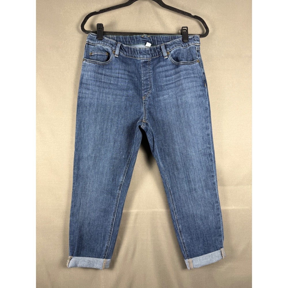 LL Bean Slim Straight Pull On Jeans Womens 12 Regular Blue Cuffed Medium Wash